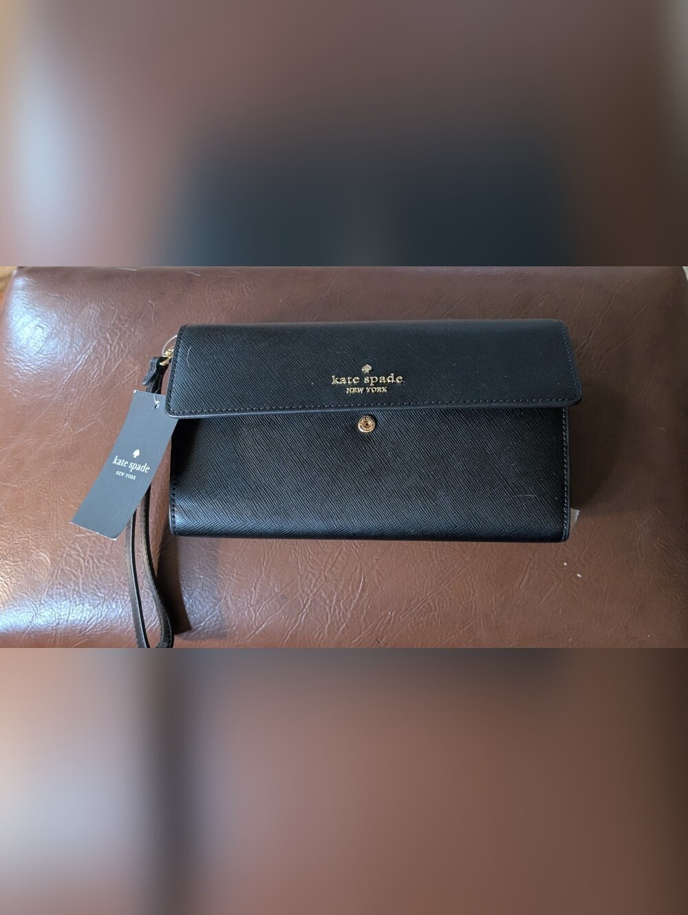 kate Spade Madison Black Saffiano Leather Snap Wallet with Gold Logo